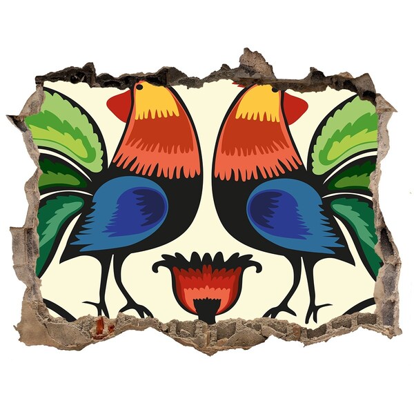 Díra 3D fototapeta na stěnu Farebné kohúty na pozadí steny