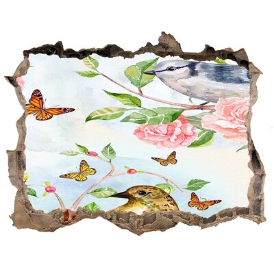 Díra 3D fototapeta nálepka Vtáky v ružovej záhrade