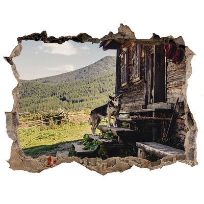 Díra 3D ve zdi nálepka Drevený horský dom