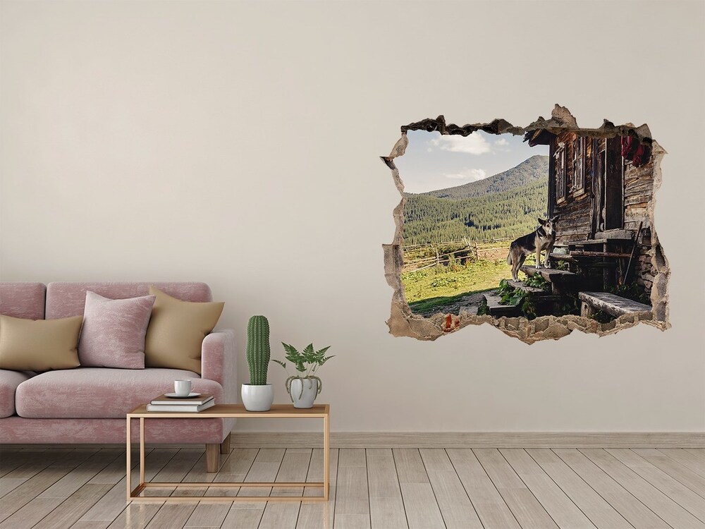 Díra 3D ve zdi nálepka Drevený horský dom