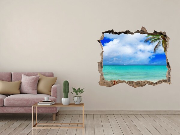 Díra 3D ve zdi nálepka Tropická pláž s palmou