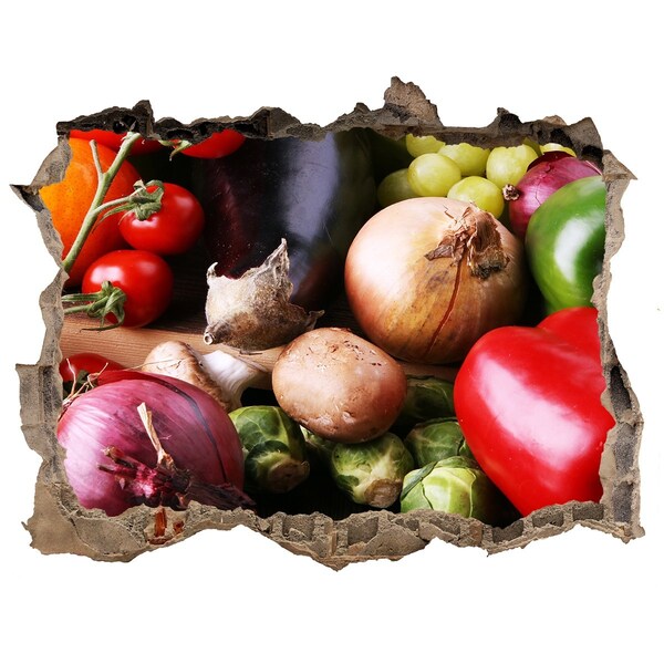 Nálepka 3D díra Ovocie a zelenina v diere v stene