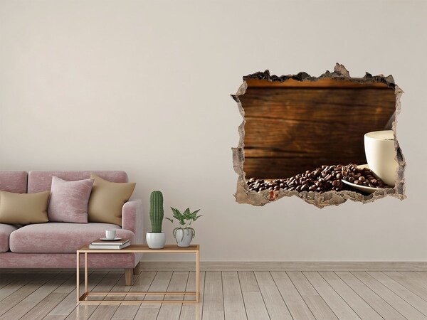 Nálepka díra na zeď beton Káva a fazule na drevenom pozadí