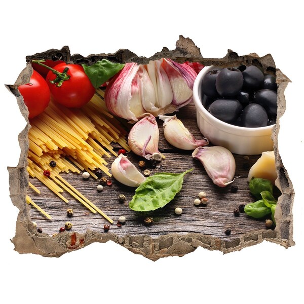 Nálepka 3D díra na zeď Talianska kuchyňa s cestovinami a cesnakom