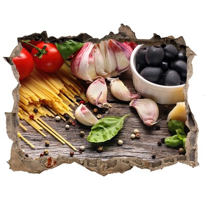 Nálepka 3D díra na zeď Talianska kuchyňa s cestovinami a cesnakom