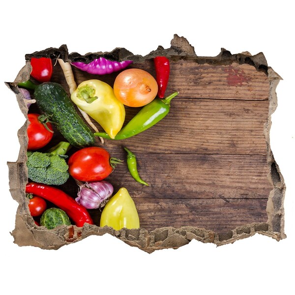 Nálepka 3D díra beton Ovocie a zelenina v diere v stene