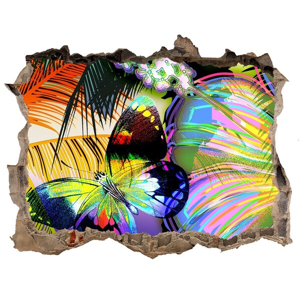 Samolepící díra nálepka Farebný motýľ v diere v stene