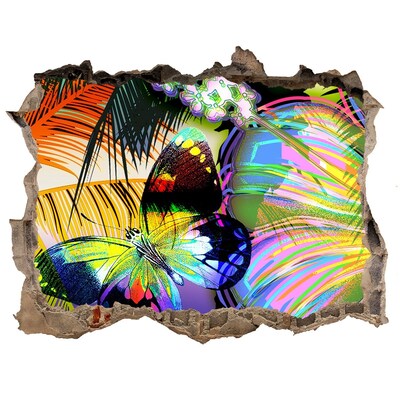 Samolepící díra nálepka Farebný motýľ v diere v stene