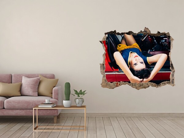 Fotoobraz díra na stěnu Žena v klasickom aute