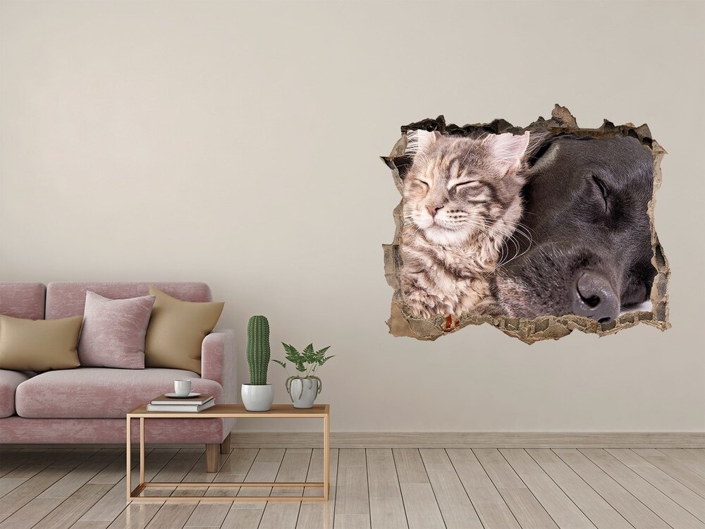 Díra 3D foto tapeta nálepka Mačky a psy