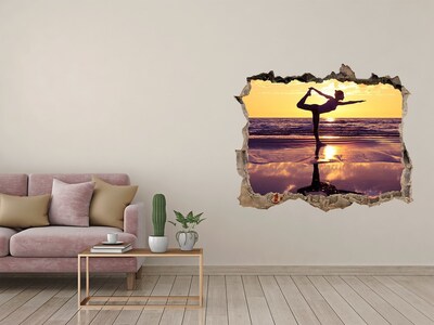 Nálepka 3D díra samolepící Jóga na pláži pri západe slnka