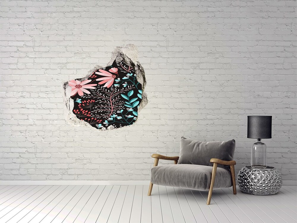 Nálepka 3D diera na stenu Jarné kvety tehla