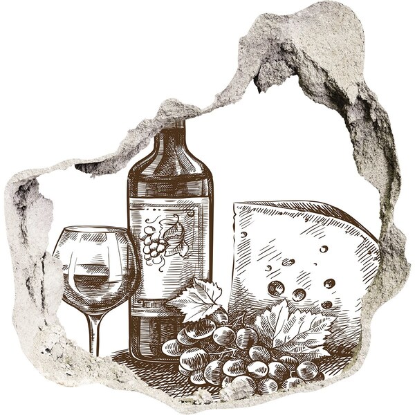 Nálepka fototapeta 3D výhľad Víno a syr na pozadí poškodenej steny