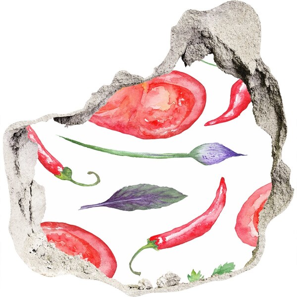 Fototapeta diera na stenu 3D Ovocie a zelenina v diere v stene