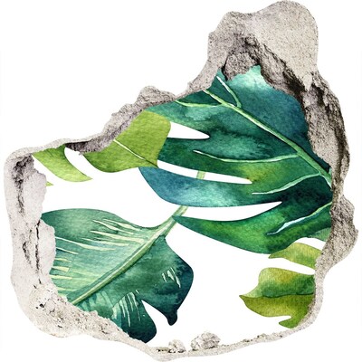 Nálepka 3D diera Zelené tropické listy v poškodenej stene