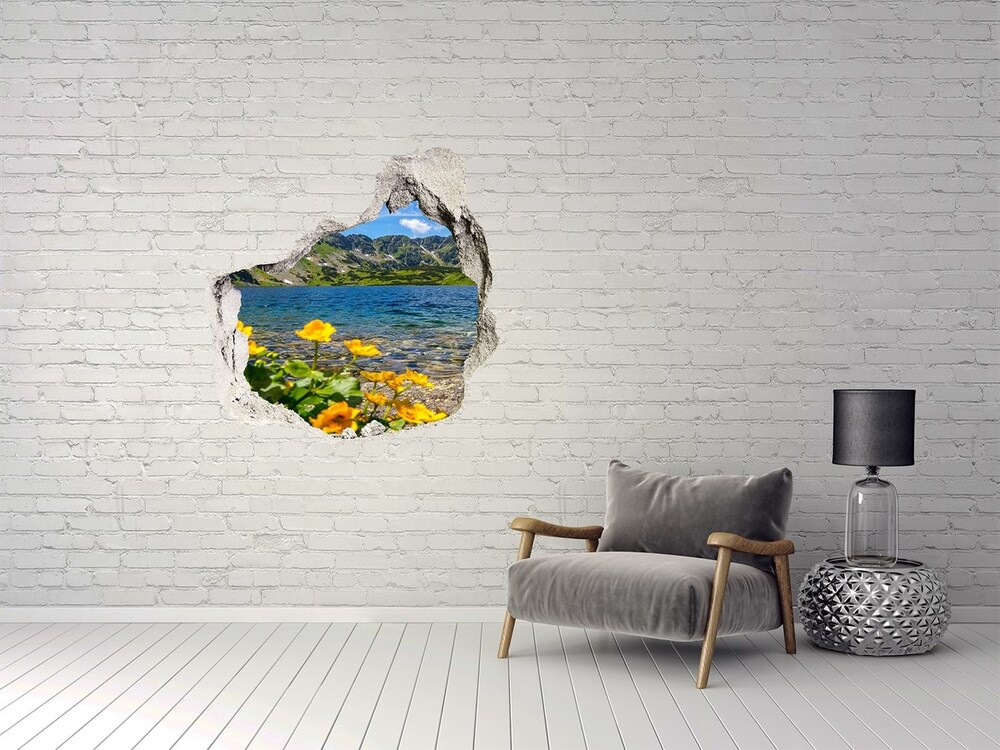 Díra 3D ve zdi nálepka Jazero v horách
