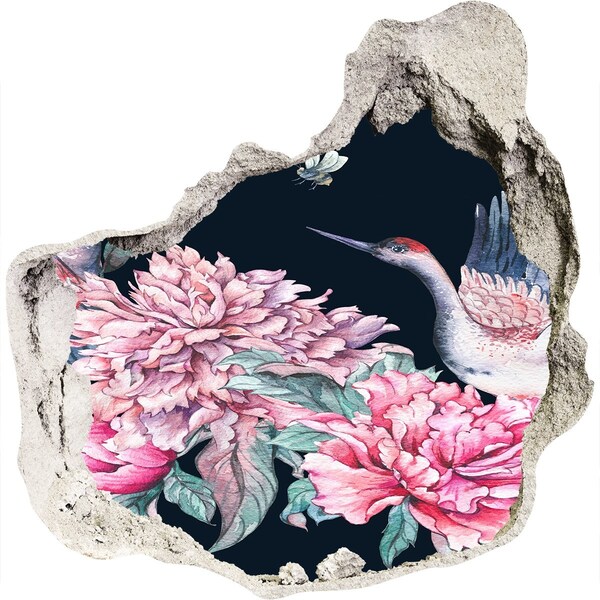 Nálepka 3D diera na stenu Kvetinová scéna s vtákom