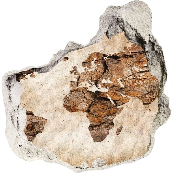 Nálepka 3D diera na stenu betón Mapa sveta dreva