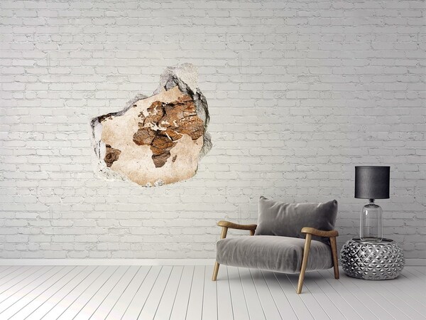 Nálepka 3D diera na stenu betón Mapa sveta dreva
