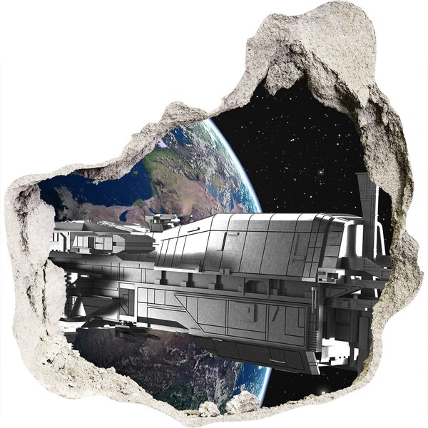 Nálepka 3D diera na stenu betón Vesmírna loď na oblohe