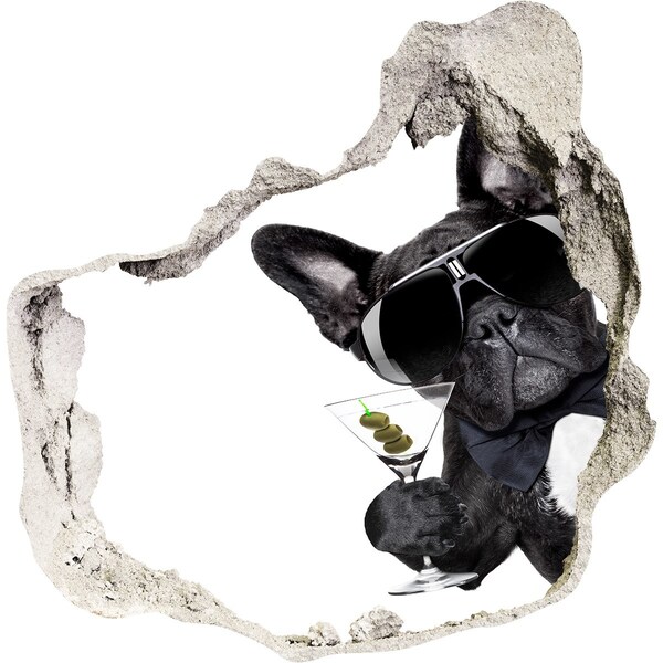 Nálepka 3D diera na stenu Štýlový pes s nápojom