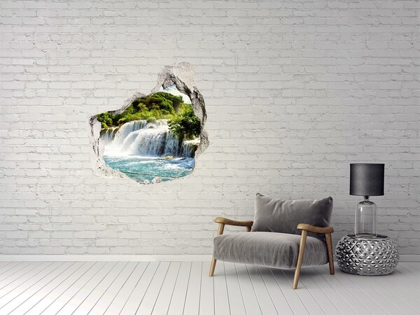 Díra 3D ve zdi nálepka Vodopád uprostred zelene