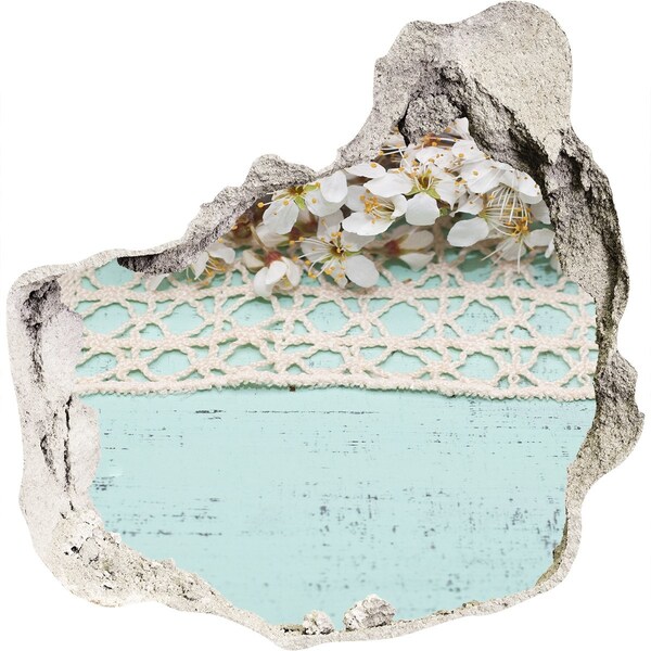 Nálepka 3D diera na stenu Kvetinový motív na modrom drevenom pozadí