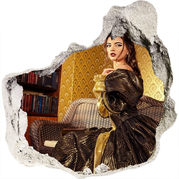 Nálepka 3D diera na stenu Žena v elegantných šatách v štýlovom interiéri