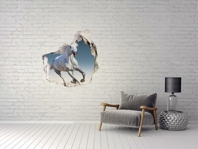Nálepka 3D diera na stenu Biely kôň v trysku