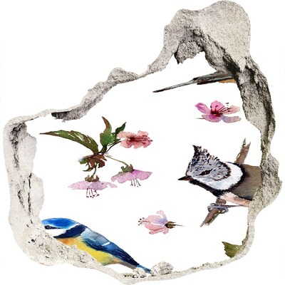 Nálepka 3D diera na stenu Bird čerešňové kvety