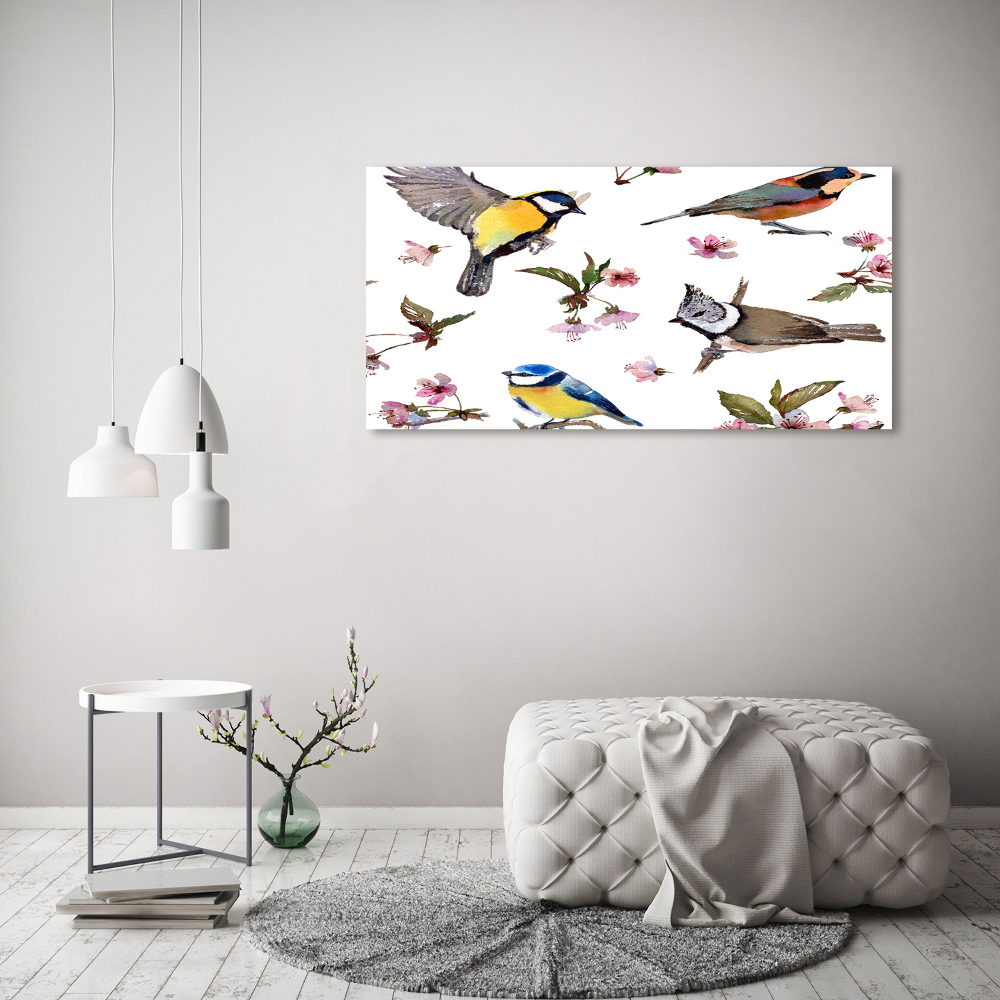 Foto obraz akrylový Vtáky kvety višně