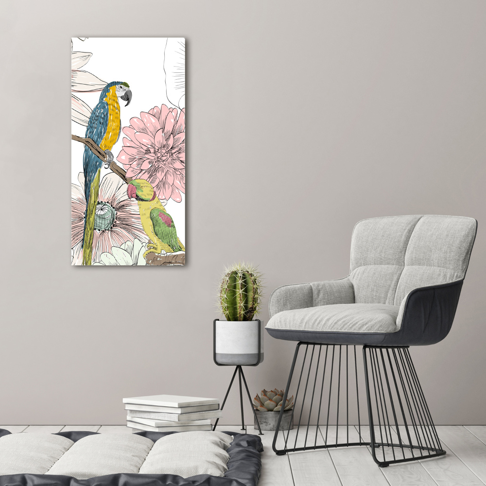 Vertikálny foto obraz akrylové sklo Papagáje a kvety