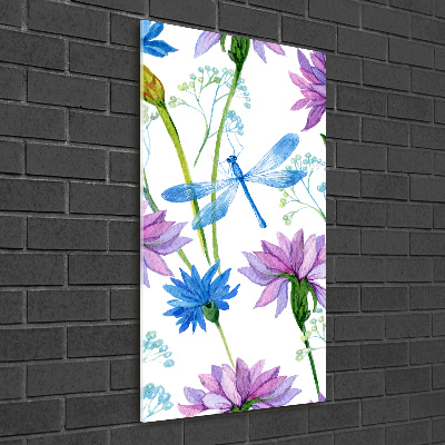 Vertikálny foto obraz akryl do obývačky Kvety a vážky