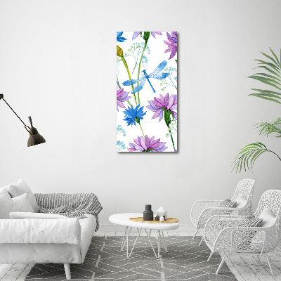 Vertikálny foto obraz akryl do obývačky Kvety a vážky