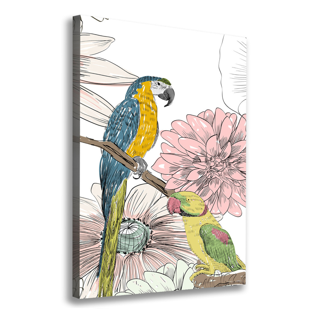 Vertikálny foto obraz na plátne Papagáje a kvety