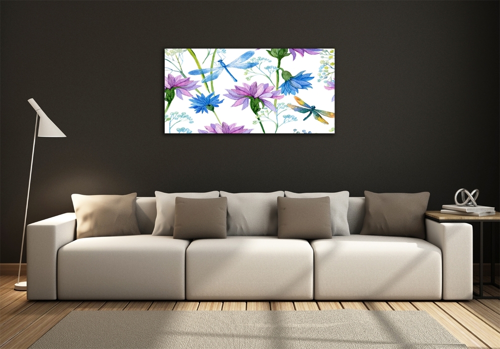 Foto obraz sklenený horizontálny Kvety a vážky