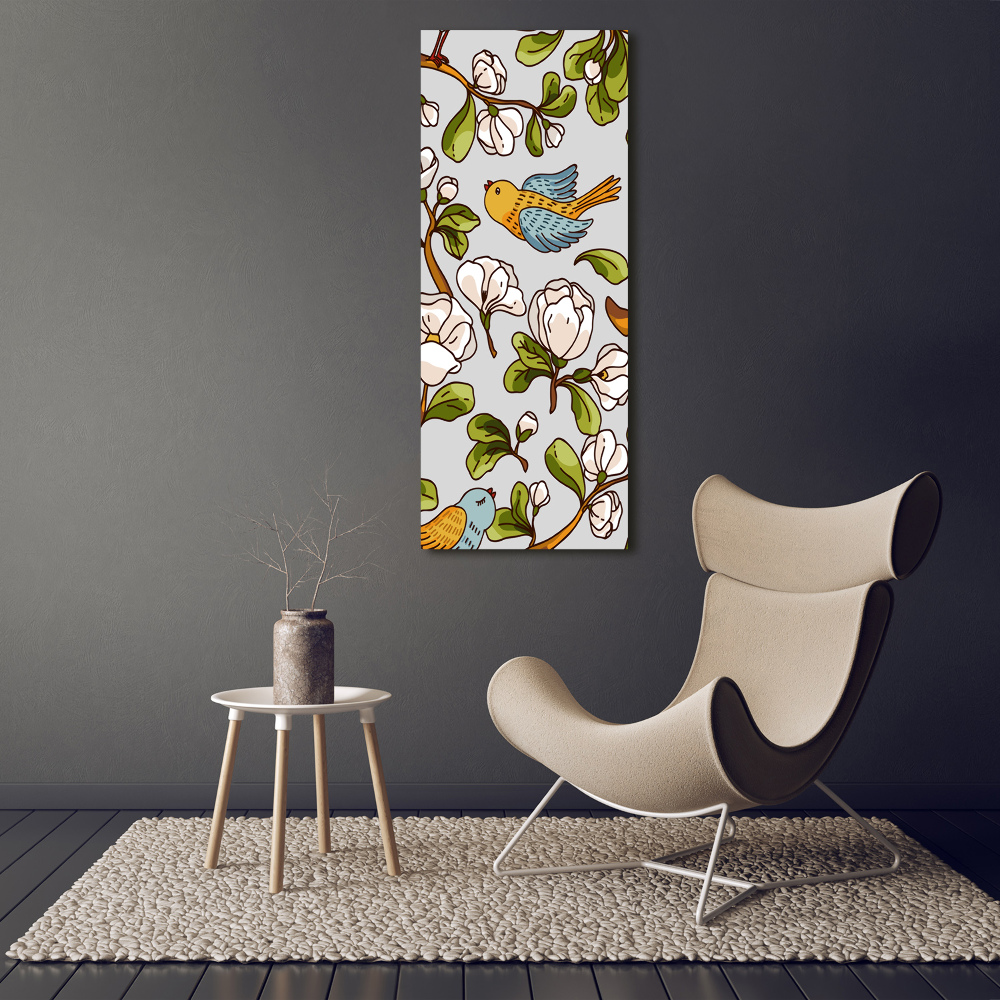 Vertikálny fotoobraz na skle Vtáky a kvety
