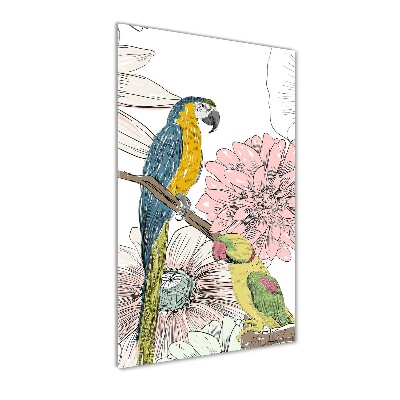 Vertikálny foto obraz fotografie na skle Papagáje a kvety