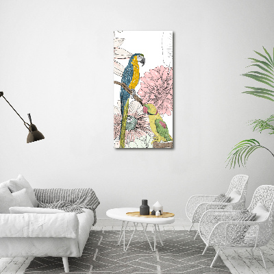 Vertikálny foto obraz fotografie na skle Papagáje a kvety