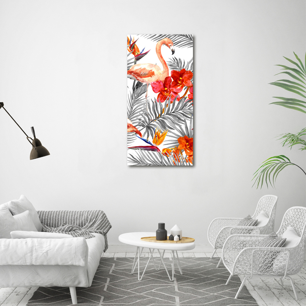 Vertikálny foto obraz sklenený Plameňáci a květiny