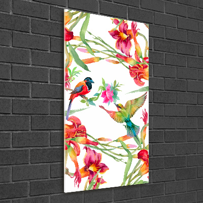 Vertikálny foto obraz sklenený Vtáky a kvety