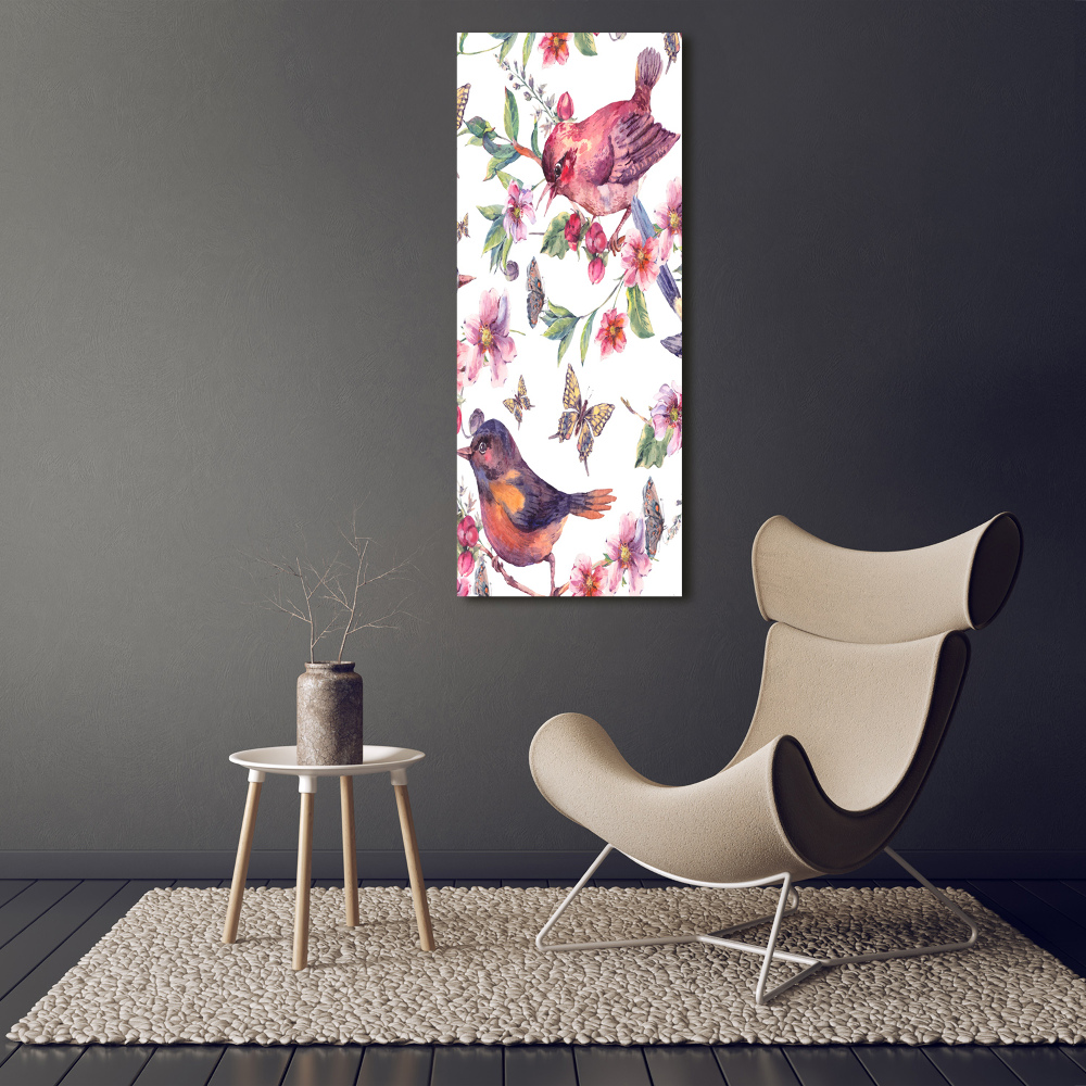 Vertikálny foto obraz sklenený Vtáky motýle kvety