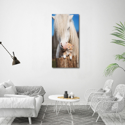 Vertikálny fotoobraz na skle Biely kôň s mačkou