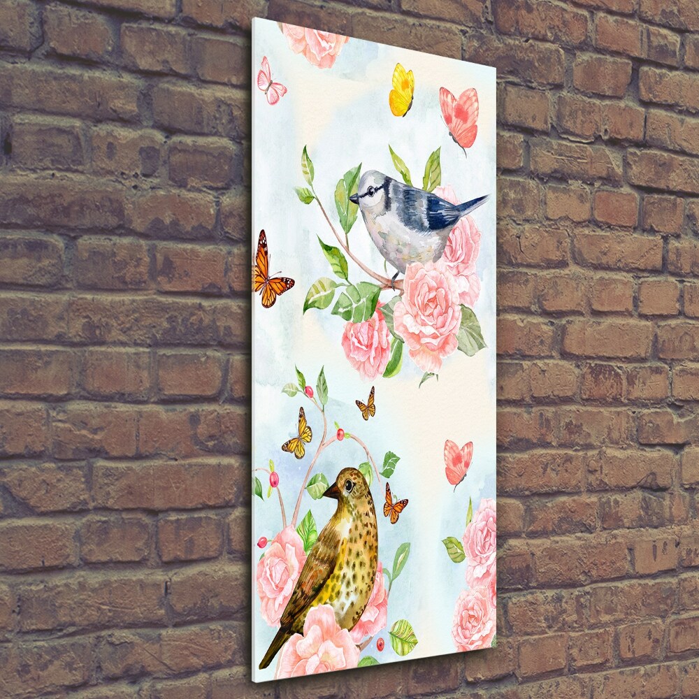 Vertikálny fotoobraz na skle Vtáky motýle ruže