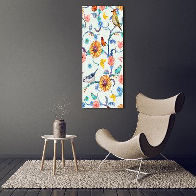 Vertikálny foto obraz sklo tvrdené Vtáky motýle kvety