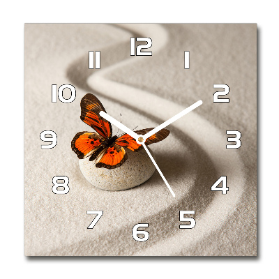Sklenené hodiny štvorec Kameň zen a motýľ