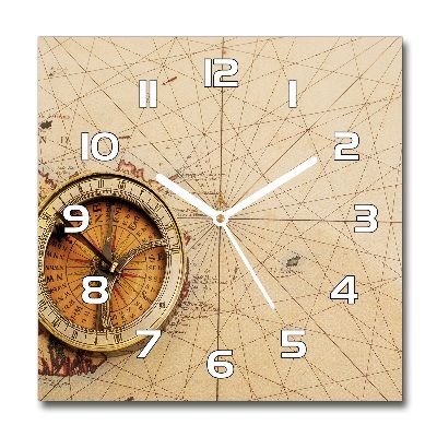 Sklenené nástenné hodiny štvorec Kompas na mape