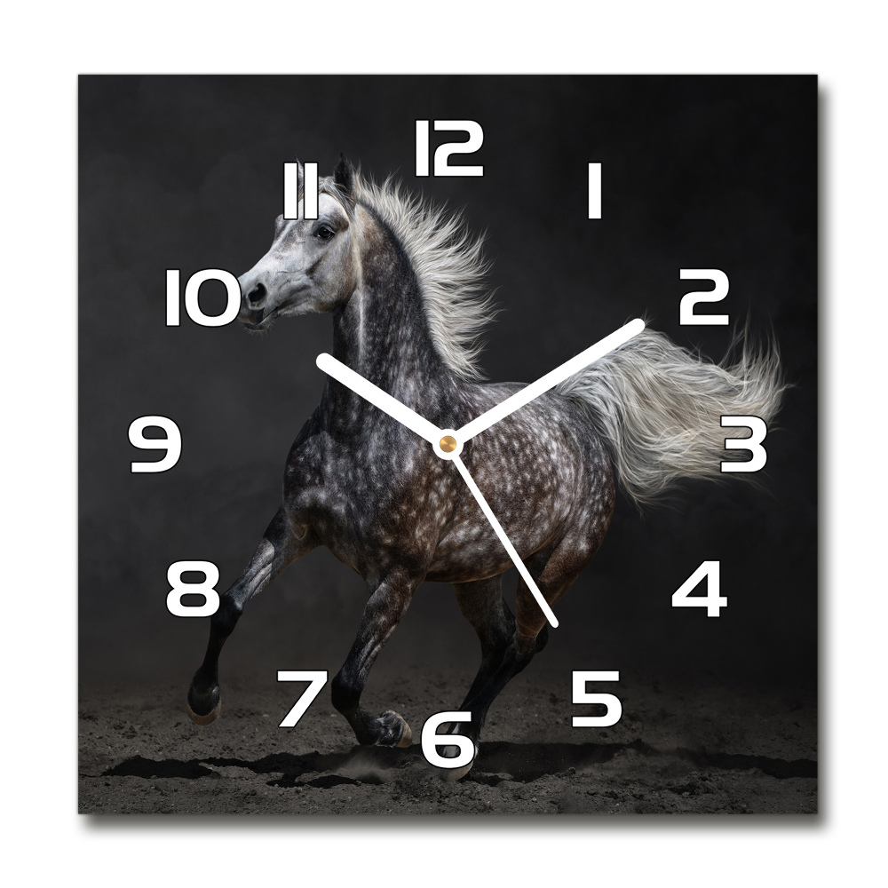 Sklenené hodiny štvorec Sivý arabský kôň