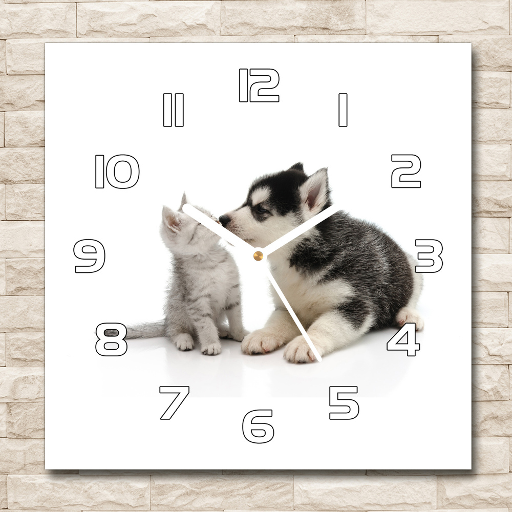Sklenené hodiny štvorec Pes a mačka