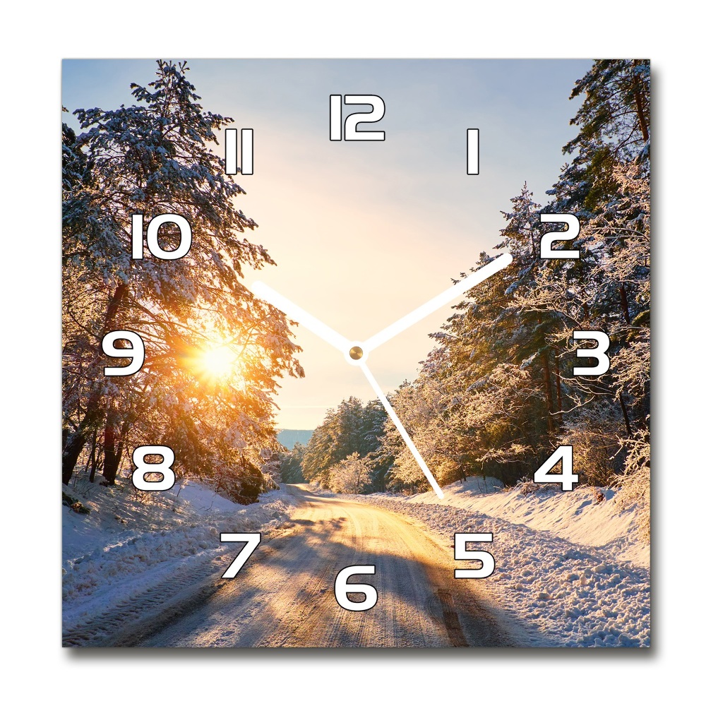 Sklenené nástenné hodiny štvorec Cesta v lese zima